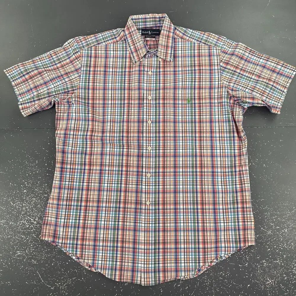 Ralph Lauren Dress Shirt Mens Large Micro Check Teal Black Orange Short Sleeve - Picture 3 of 6